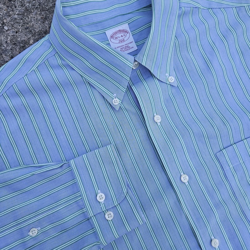 Brooks Brothers XL Striped Shirt Polo Dress 16-34/35 Cotton Non-Iron Blue Green‎